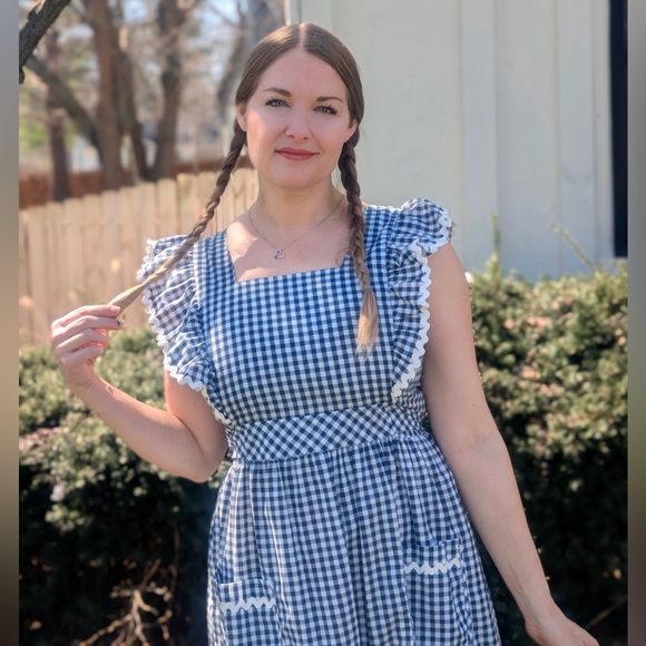 Vintage navy Gingham Maxi Dress Cottagecore French Countryside Prarie ruffle tie - Picture 2 of 7